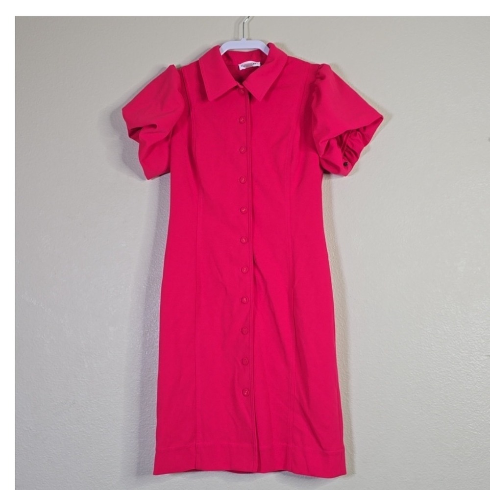Calvin Klein Puffed Sleeve A-Line Dress Womens Size 4 Pink Button Front Collared - Picture 4 of 4
